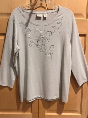 Zenergy by Chico’s Sparkle-Embellished Silver 3/4 Sleeve Scoop Neck Top